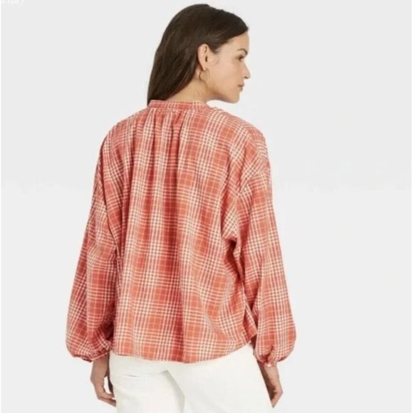 Universal Thread S Orange White Plaid Oversize Button Popover Balloon Sleeve Top - Picture 2 of 12